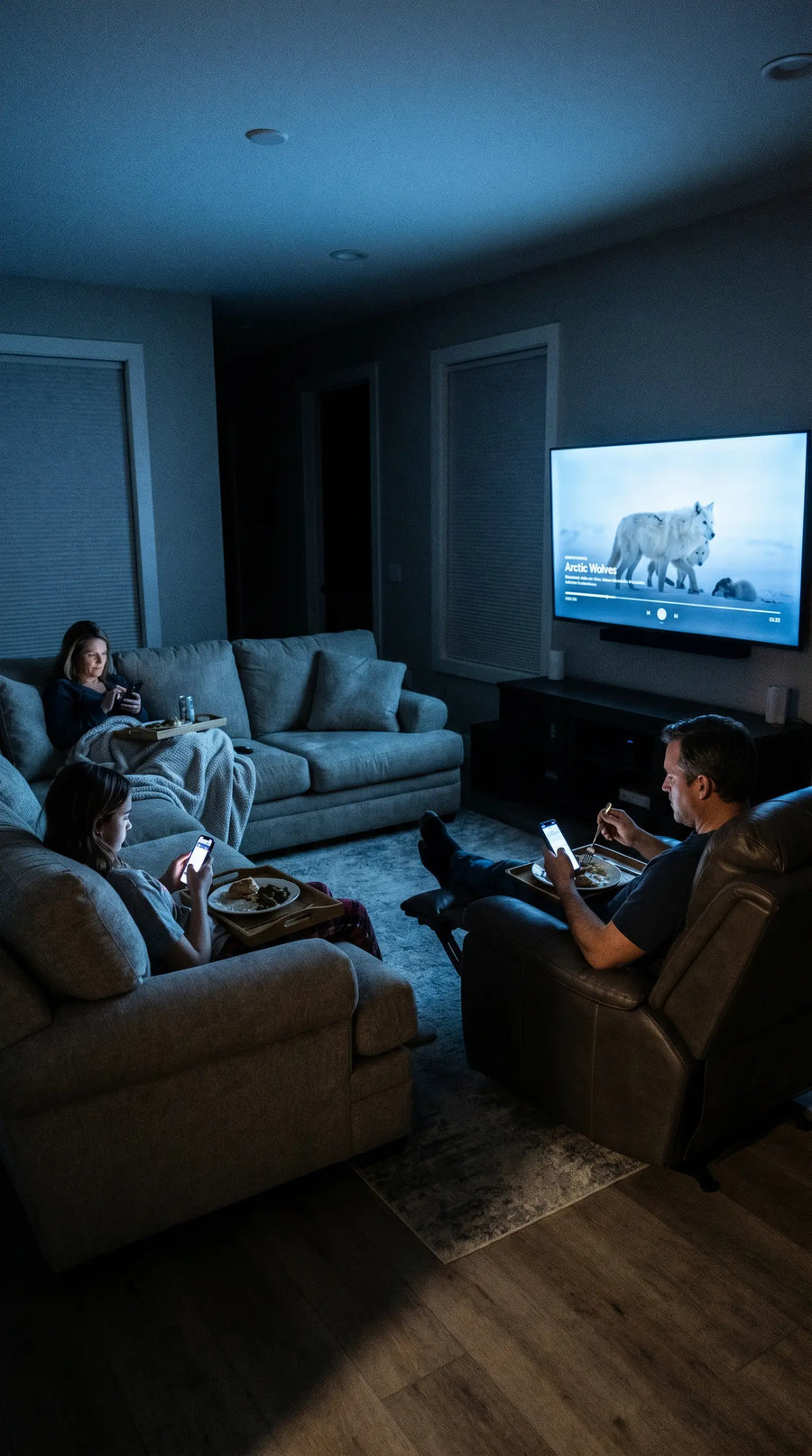 Family on couch, faces lit by screens, disconnected from each other