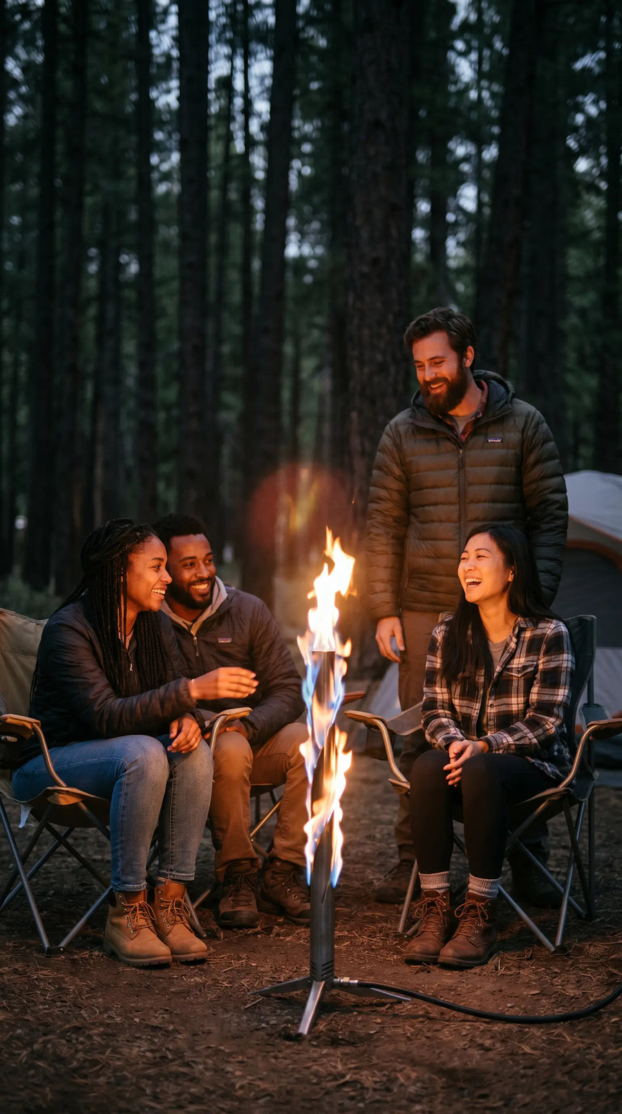 Family gathered around Happy Caveman Campfire at golden hour, laughing and connecting